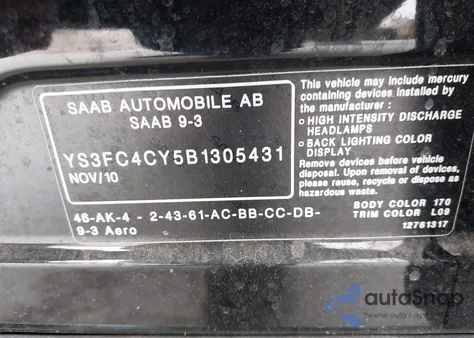 2011 Saab 9-3 Aero from USA, damaged, VIN YS3FC4CY5B1305431